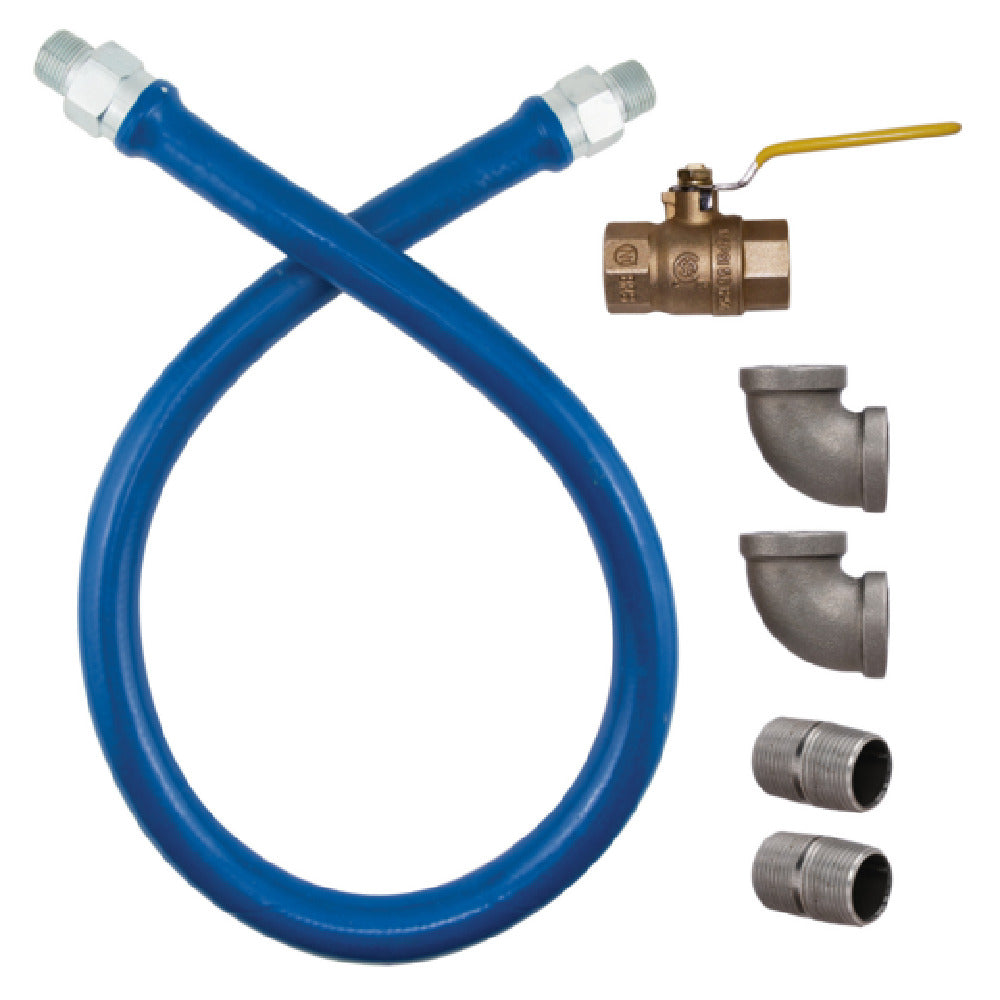 1"D Blue Food Truck Grade Gas Connector Kit 36"L, Stainless Steel Braid, Elbow, Full Port Valve, Nipple, 512,000 BTU/hr