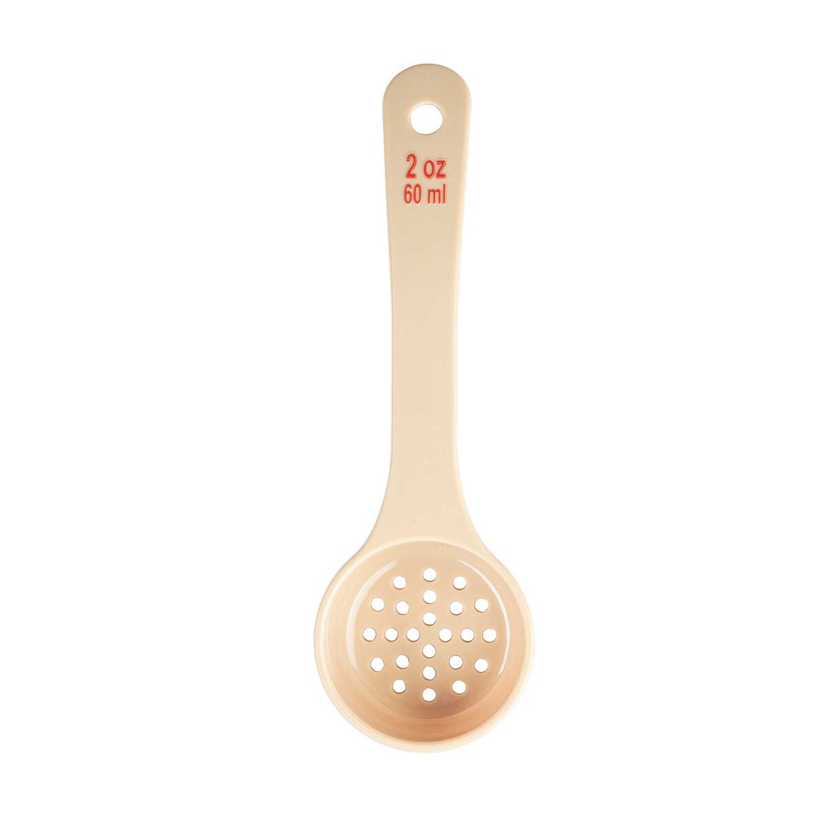 Spoonout, 2 oz., 7.875" x 2.5" x 1", perforated, short handle, red
