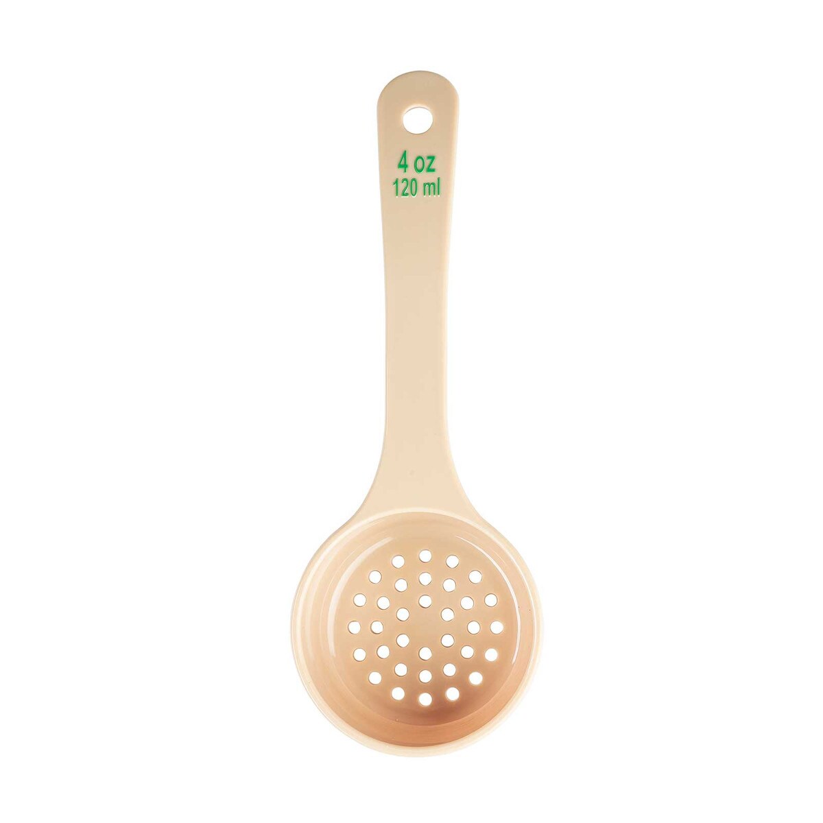 Spoonout, 4 oz., 8.375" x 3" x 1.5", perforated, short handle, beige