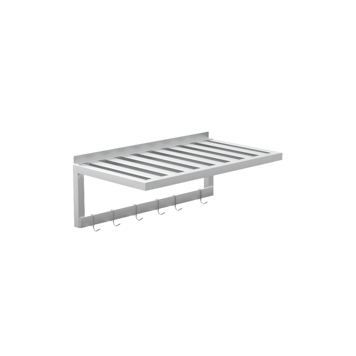 Heavy Duty Welded T-Bar (Slatted) Aluminum Wall-Mounted Shelf With Integrated Pot Rack & 6 Stainless Steel Hooks - 36"L x 20"W x 13.5"H
