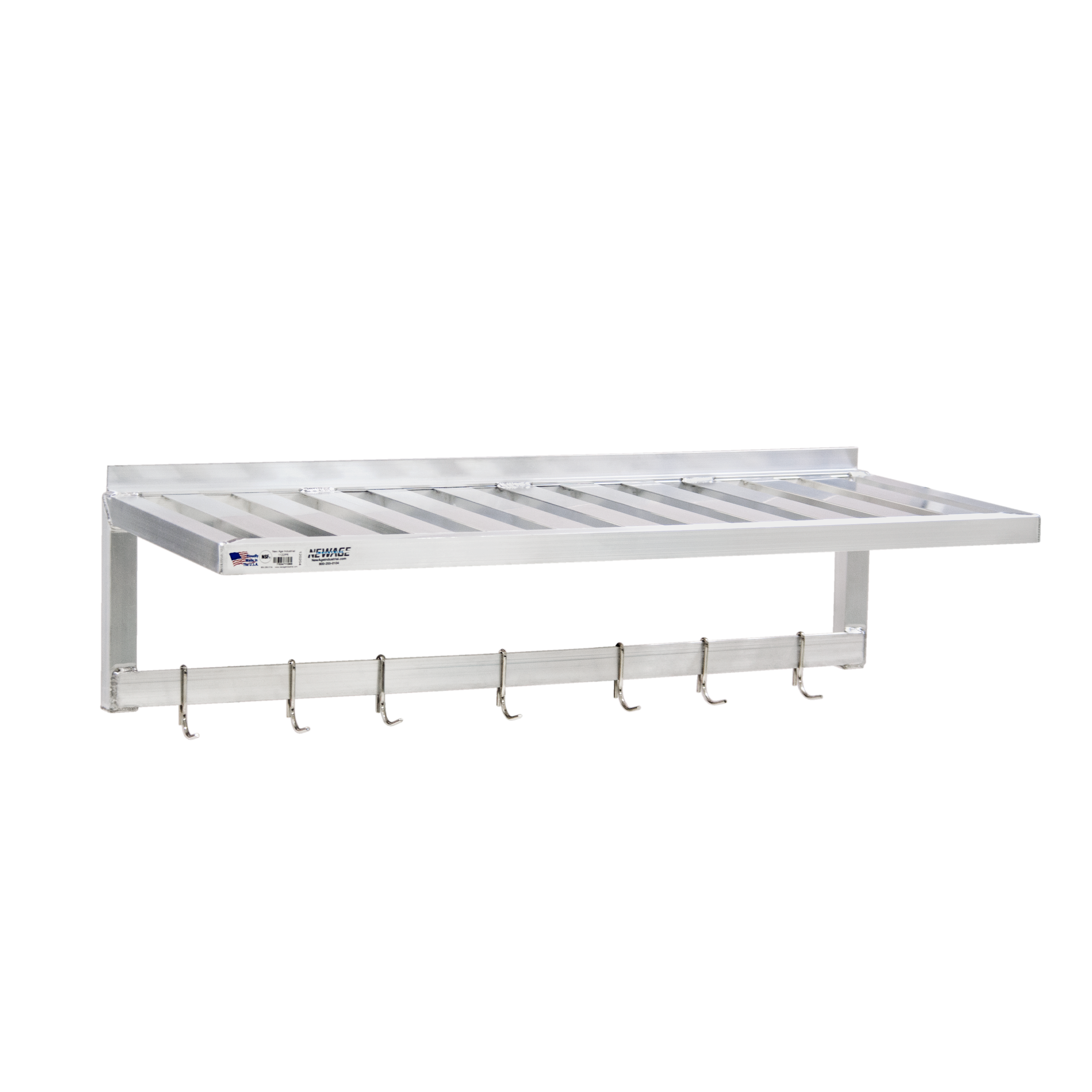 Heavy Duty Welded T-Bar (Slatted) Aluminum Wall-Mounted Shelf With Integrated Pot Rack & 7 Stainless Steel Hooks - 48"L x 20"W x 13.5"H