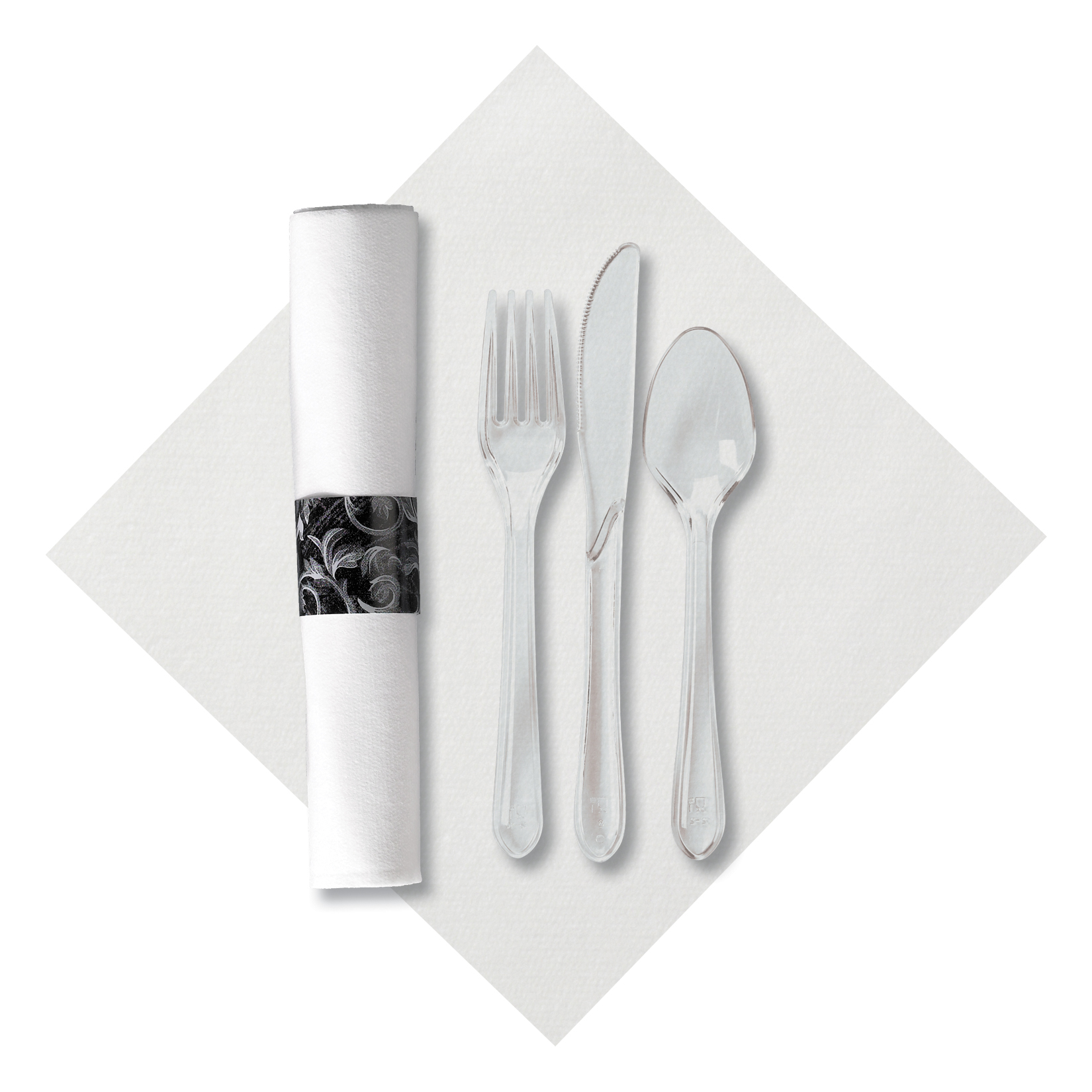 Pre-Rolled White Dinner Napkin and Clear Cutlery, 100/Case