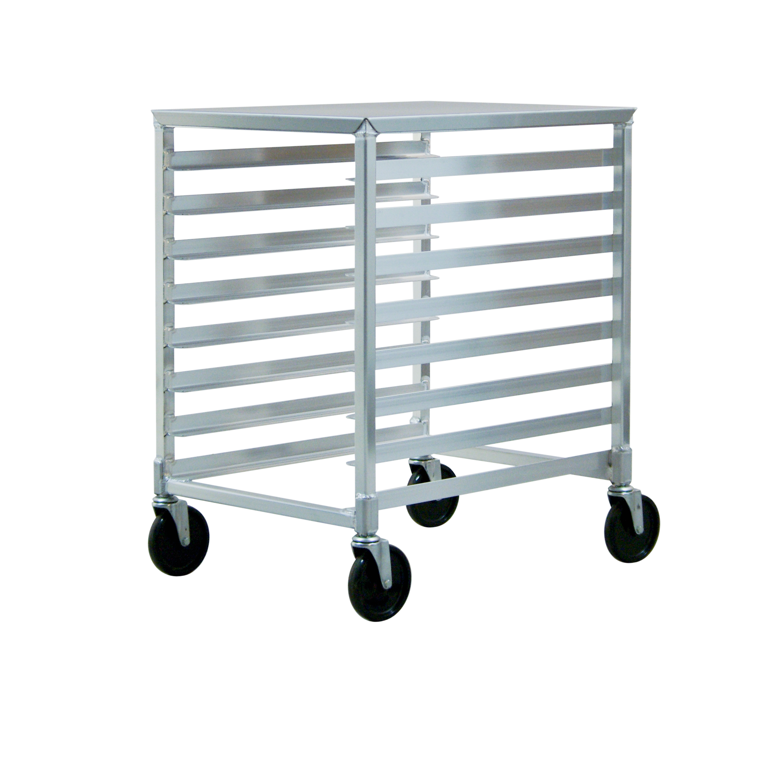 Mobile Heavy Duty Series Welded Aluminum Half-Size End-Loading Sheet (Bun) Pan Rack With Removable Stainless Steel Top - 8 Sets of Runners, 3" Spacing, 20.375"W x 32.25"H x 26"L
