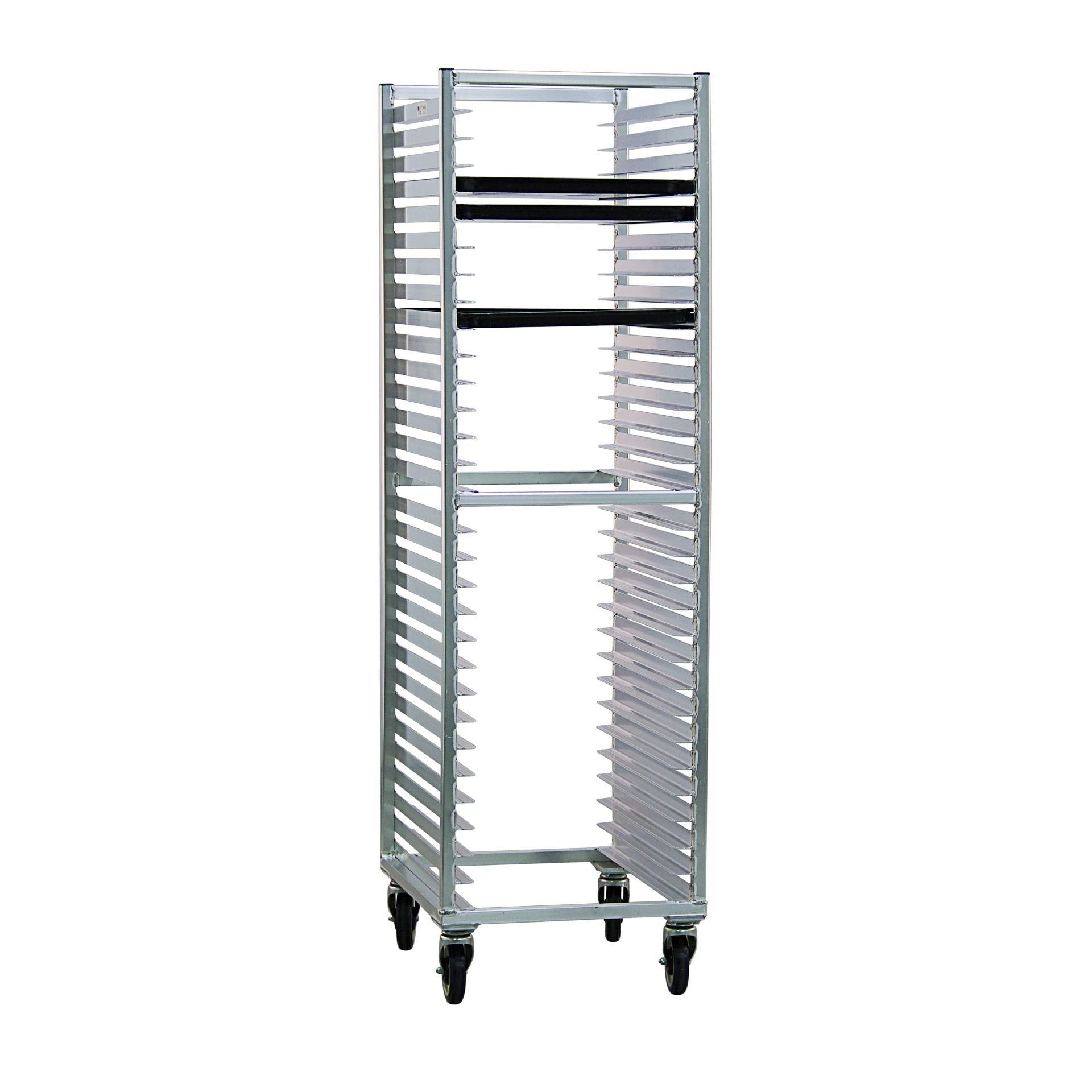 Bun Pan Rack, mobile, full height, end loading, open sides, accommodates (30) 18" x 26" pans