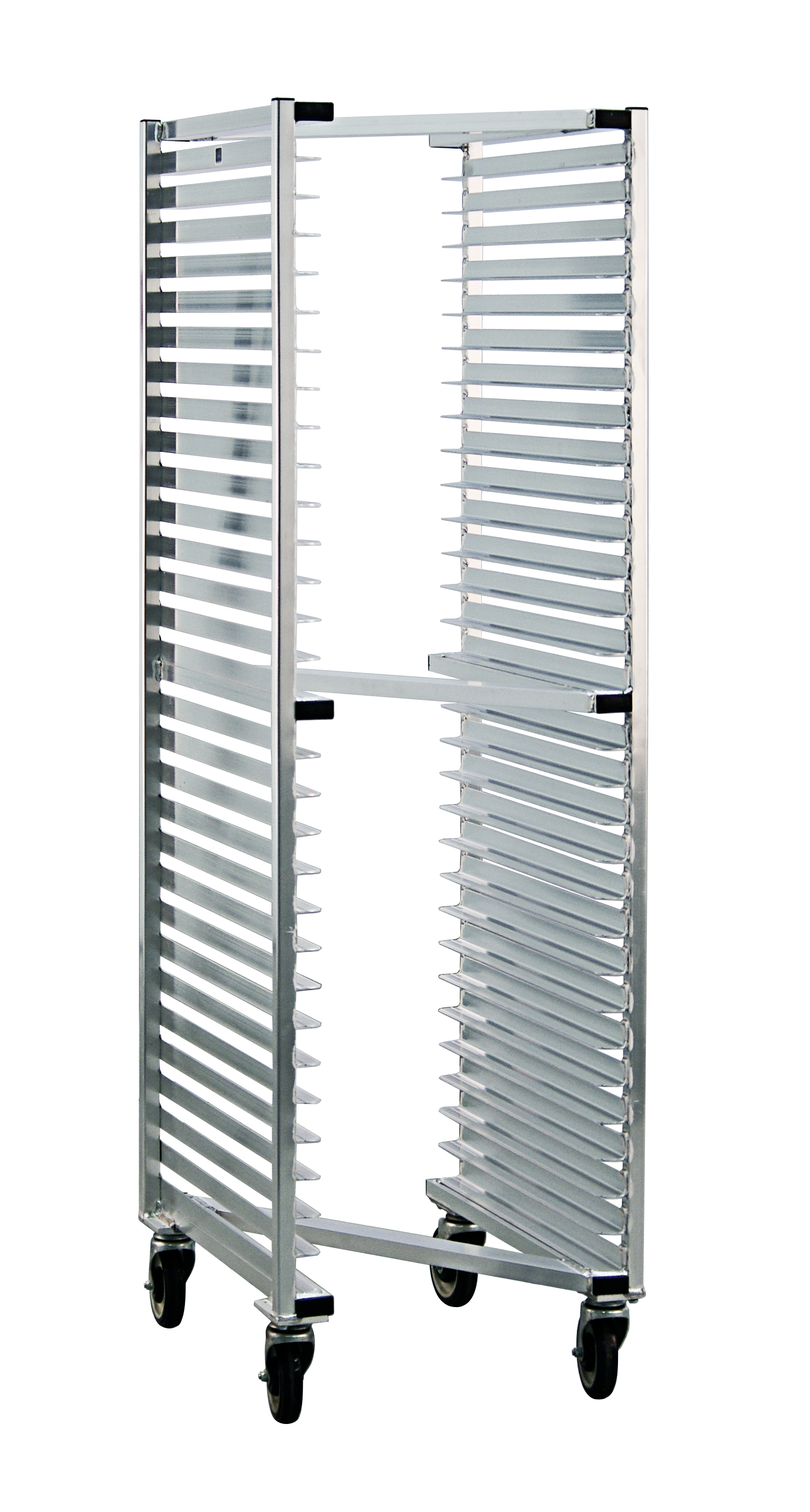 Mobile Heavy Duty Welded Aluminum Full-Size End-Loading Z Nesting Sheet (Bun) Pan Rack - 30 Sets of Runners, 2" Spacing - 20.375"W x 69.75"H x 26"L