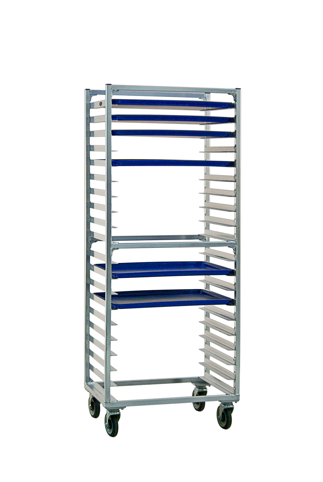 Mobile Heavy Duty Welded Aluminum Full-Size Side-Loading Sheet (Bun) Pan Rack - 20 Sets of Runners, 3" Spacing - 28.375"W x 69.75"H x 19"L