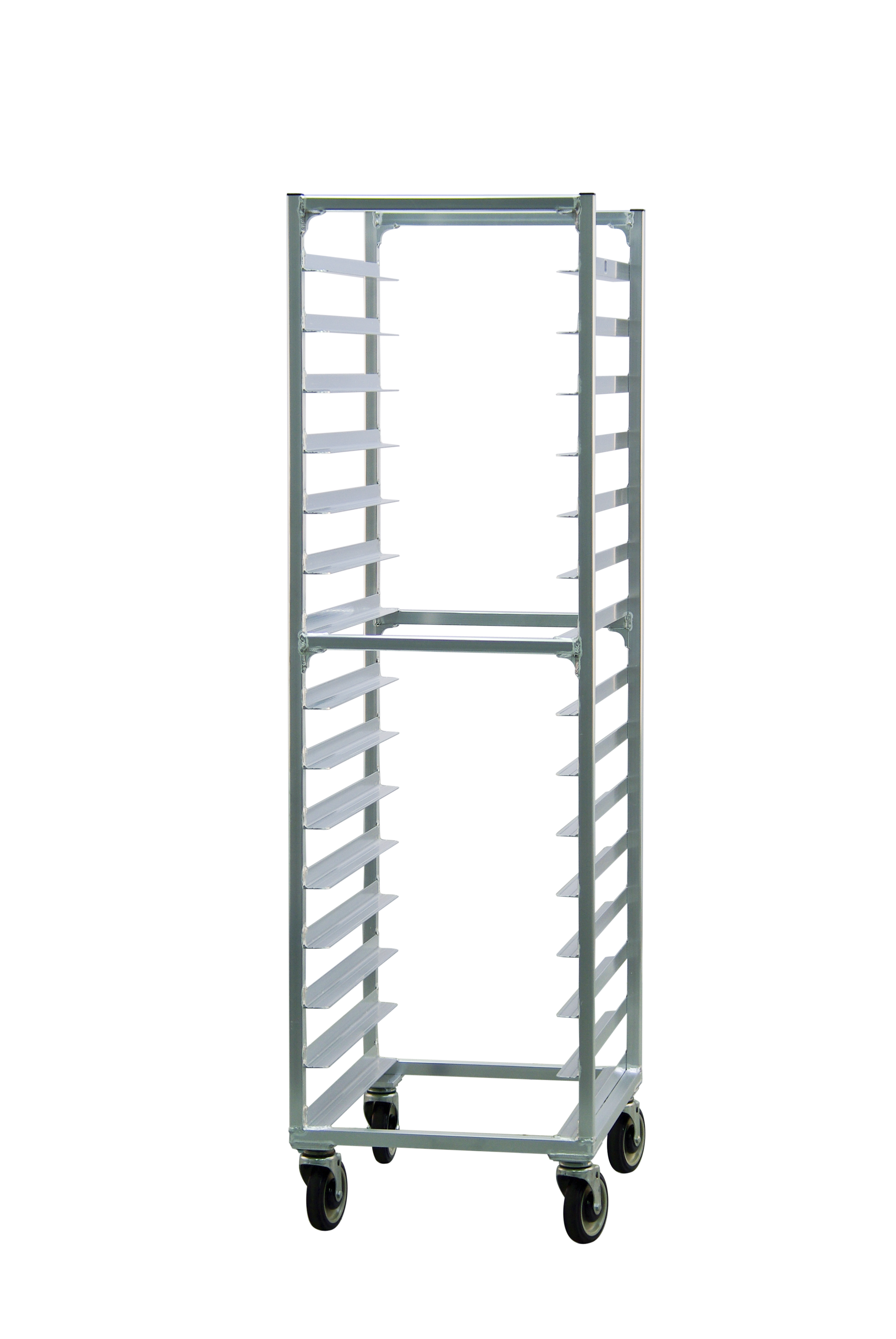 Mobile Heavy Duty Welded Aluminum Full-Size End-Loading Sheet (Bun) Pan Rack - 15 Sets of Runners, 4" Spacing, - 20.375"W x 69.75"H x 26"L