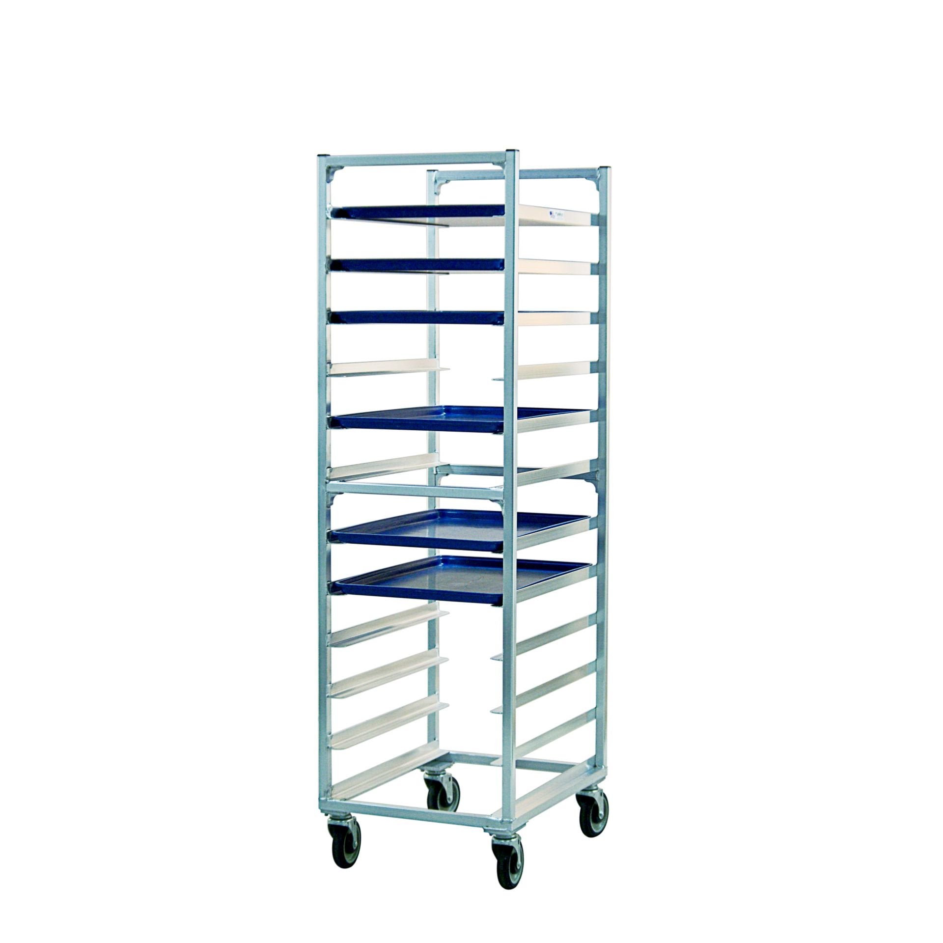 Mobile Heavy Duty Welded Aluminum Full-Size End-Loading Sheet (Bun) Pan Rack - 12 Sets of Runners, 5" Spacing - 20.375"W x 69.75"H x 26"L