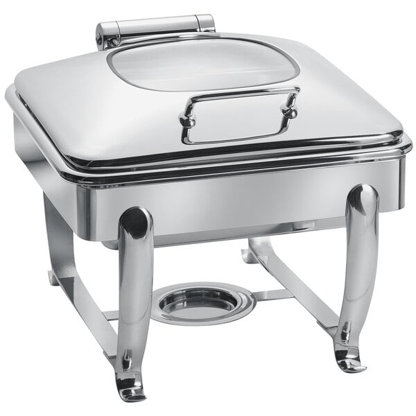 Park Avenue 6 Quart Square Chafing Dish w/ Hinged Glass Lid with Stand, Stainless Steel