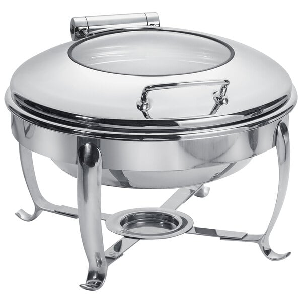 Park Avenue 6 Quart Round Chafing Dish w/ Hinged Glass Lid, Stainless Steel