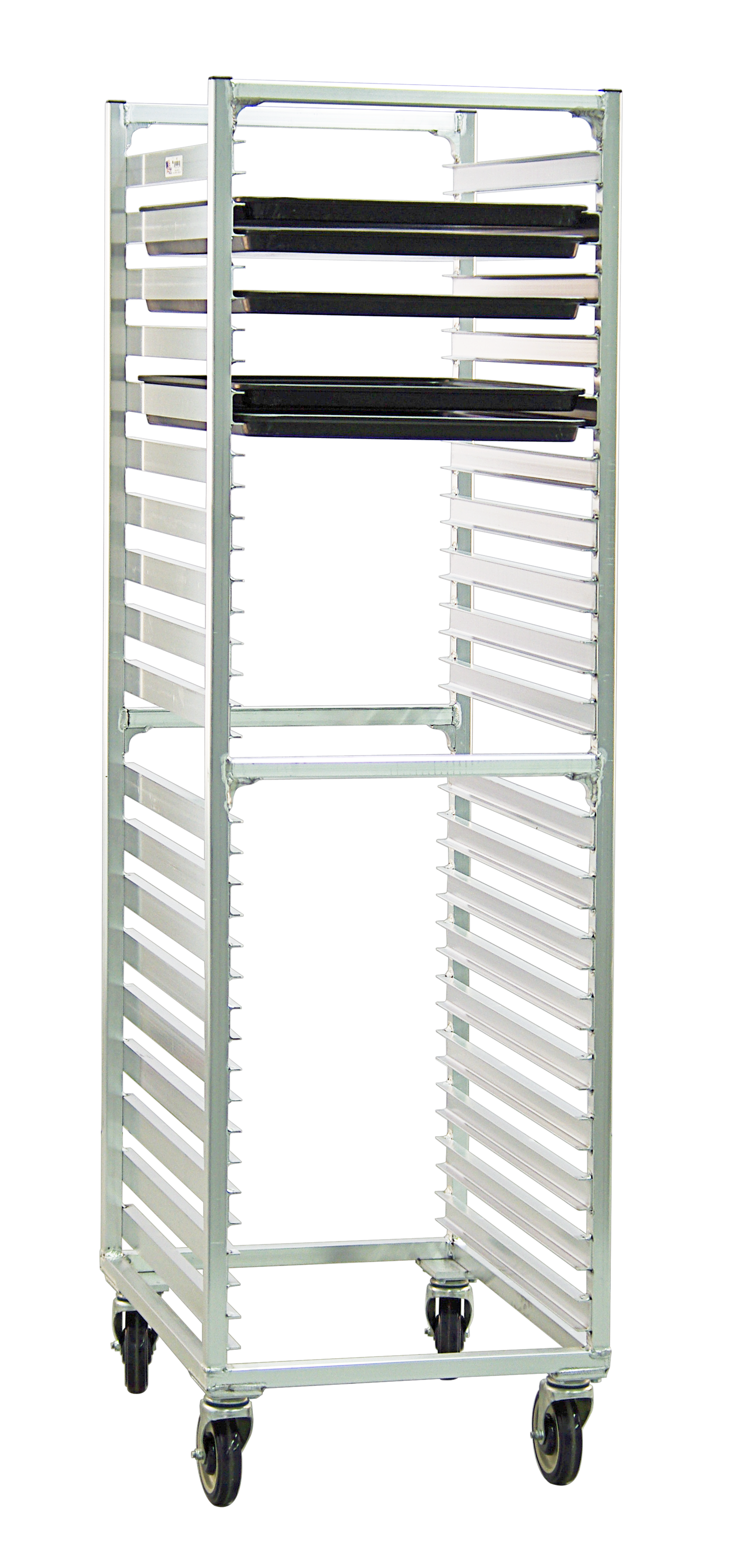 Mobile Heavy Duty Welded Aluminum Full-Size End-Loading Sheet (Bun) Pan Rack - 38 Sets of Runners, 1.5" Spacing - 20.6875"W x 69.75"H x 26"L
