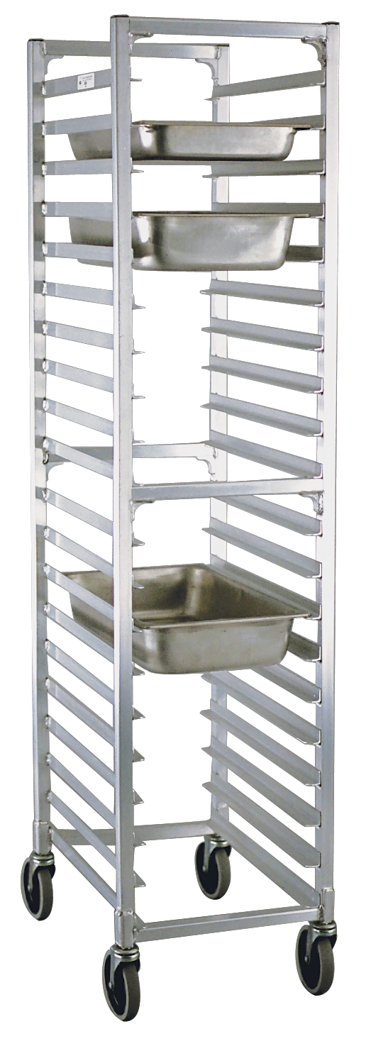Mobile Heavy Duty Welded Aluminum Full-Size End-Loading Steam Table Pan Rack - 18 Sets of Runners, 3" Spacing - 16.25"W x 69"H x 22.375"L