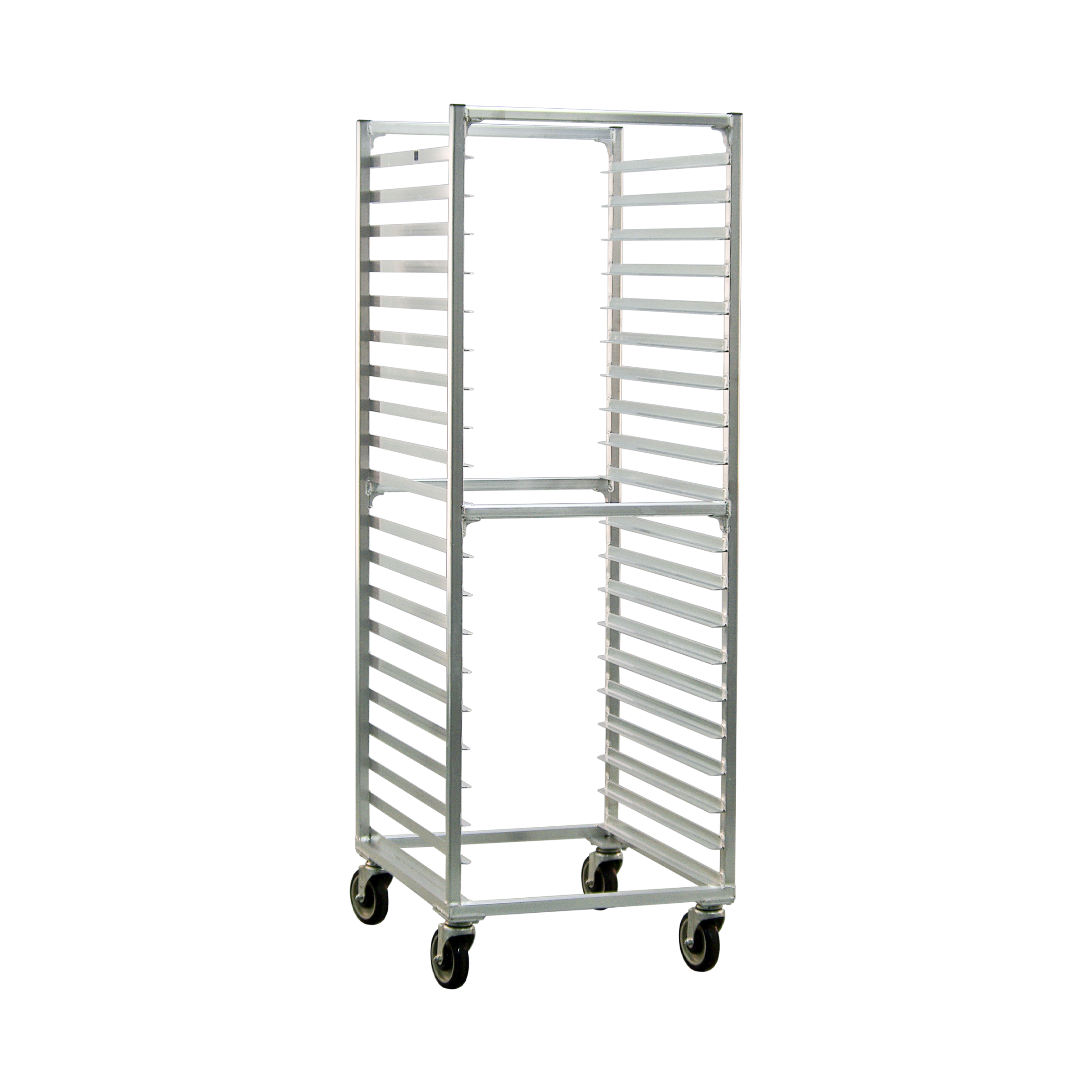 Mobile Heavy Duty Welded Aluminum Full-Size Side-Loading Steam Table Pan Rack - 18 Sets of Runners (Double-Deep), 3" Spacing - 23.875"W x 69.75"H x 27"L