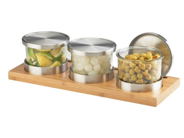 Bamboo 3-Jar Cold Condiment Display Solid Lids