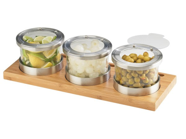 Bamboo 3-Jar Cold Condiment Display Hinged Lids