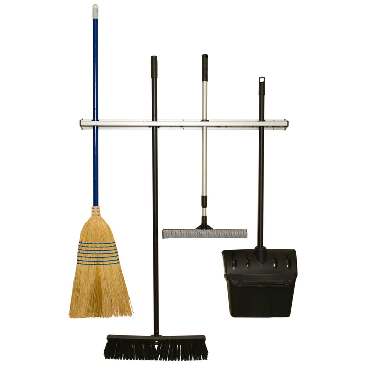 36" Mop & Broom Rack with Rubber Bristles, Aluminum