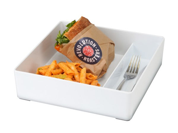 10" Two Compartment White Square Melamine Bento Box