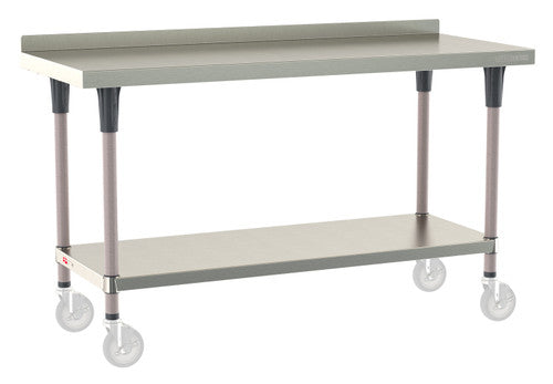 TableWorx Worktable, 60"W x 24"D, adjustable height, undershelf, 2"H backsplash, epoxy coated legs