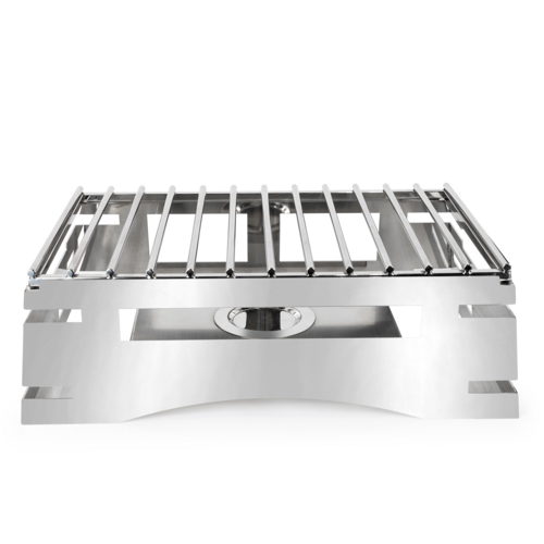 All-in-One REVO Chafer Stand, rectangle, 23-3/4”W x 16”D x 7”H, includes hook-on sterno shelf & grill top, 18/10 stainless steel polished frame, hinged chafer, cooking induction, griddle, carving board & ice bin capabilities