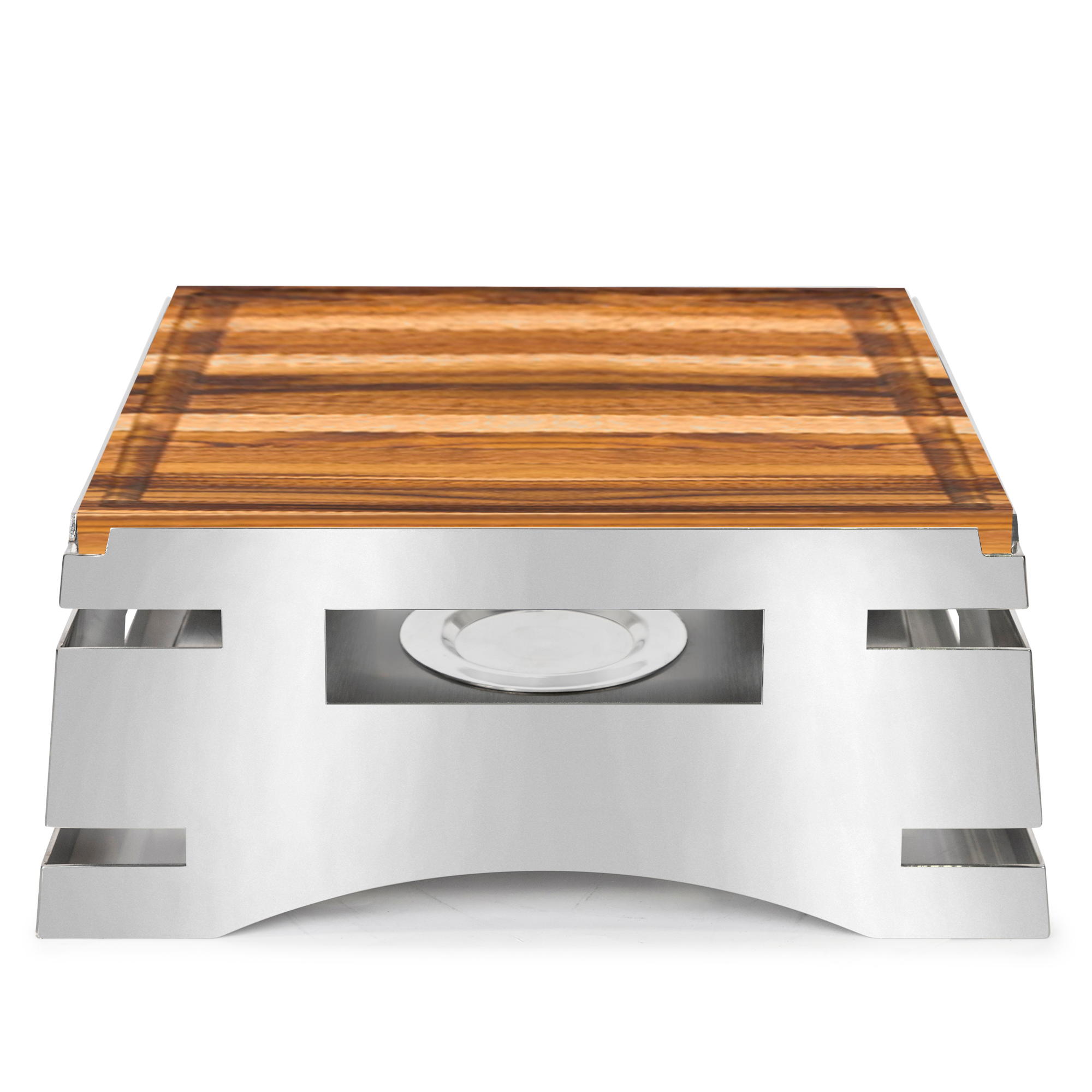 All-in-One REVO Chafer Stand, square, 17”W x 16”D x 7”H, includes hook-on sterno shelf & butcher block carving board, 18/10 stainless steel polished frame, hinged chafer, grill, griddle, & induction stove capabilities
