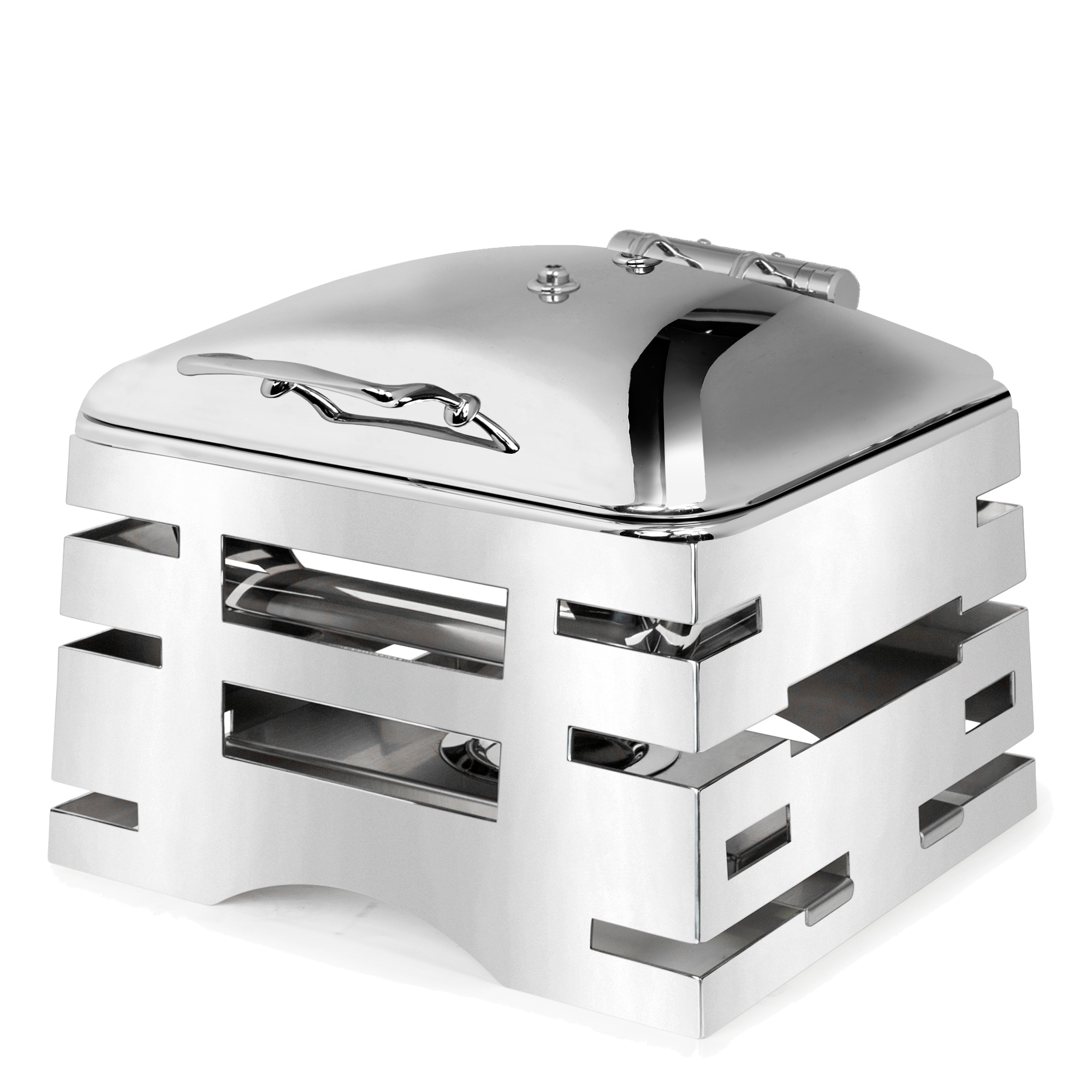 All-in-One REVO Chafer Stand, square, 17”W x 16”D x 10”H, includes 5-star crown vessel, 18/10 stainless steel polished frame, carving board, grill, griddle, & induction stove capabilities