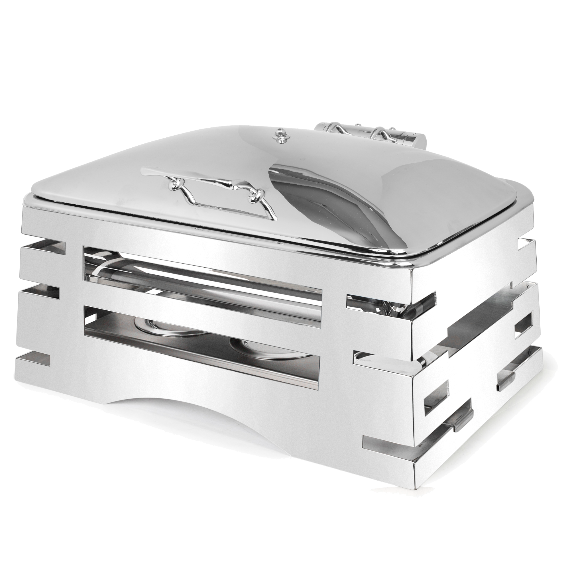 All-in-One REVO Chafer Stand, rectangle, 23-3/4”W x 16”D x 10”H, includes 5-star crown chafer withDome lid, 18/10 stainless steel polished frame, carving board, grill, griddle, ice bin & induction stove capabilities