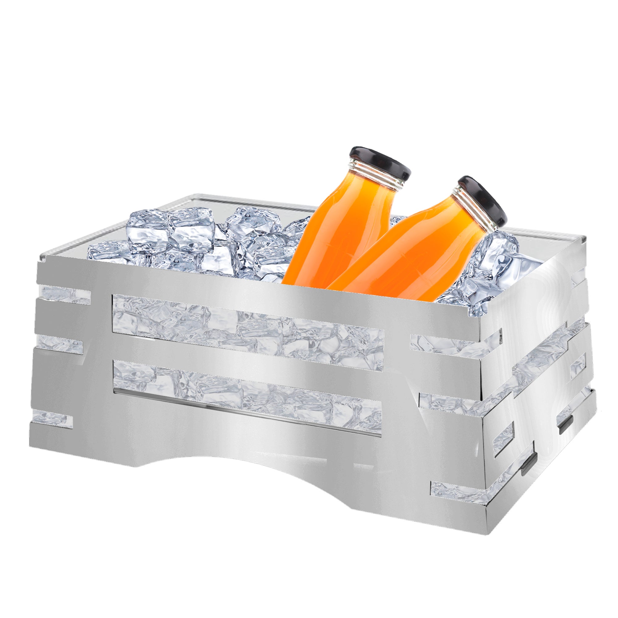 All-in-One REVO Chafer Stand, rectangle, 23-3/4”W x 16”D x 10”H, includes hook-on sterno shelf & ice bin, 18/10 stainless steel polished frame, hinged chafer, grill, griddle, carving board & induction stove capabilities