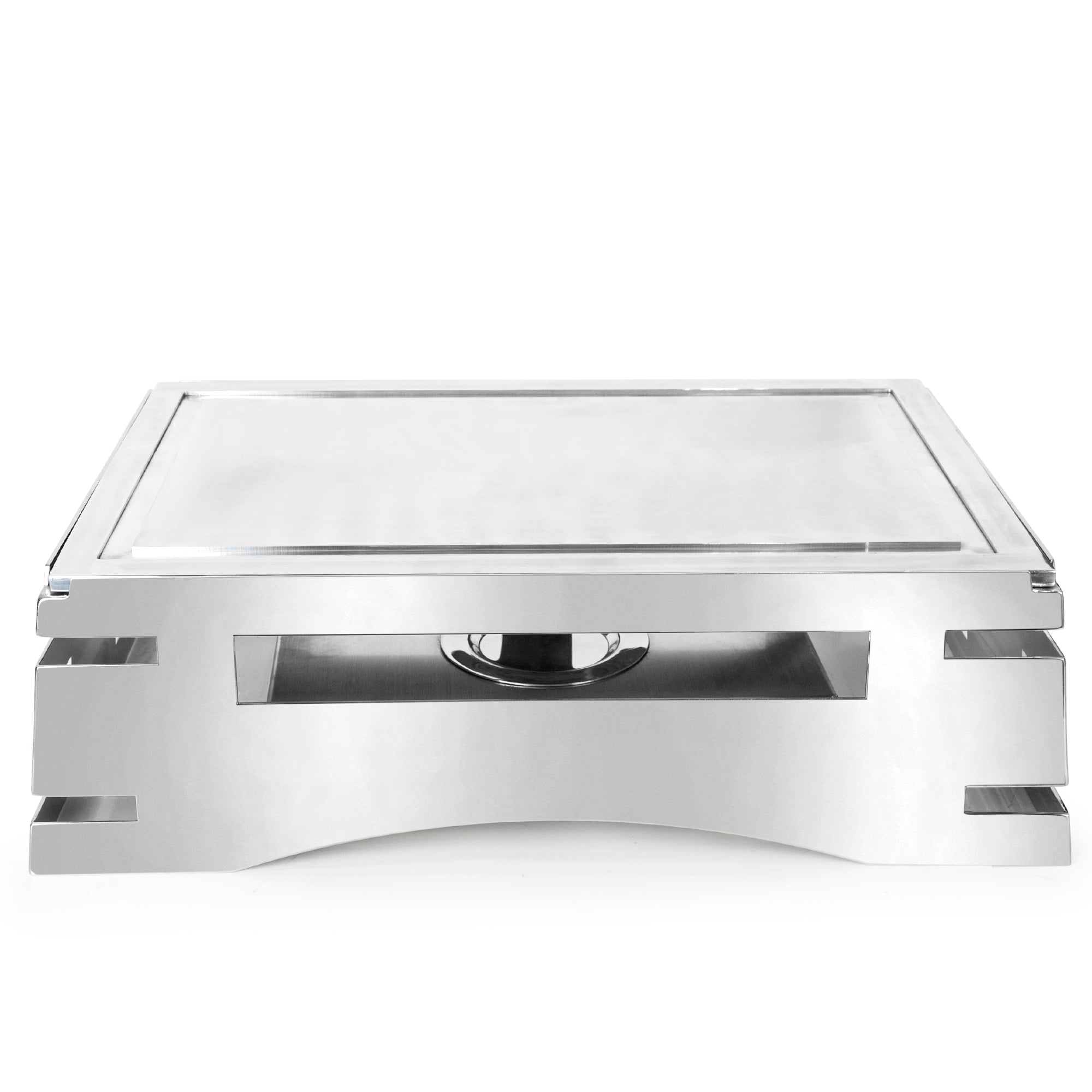 All-in-One REVO Chafer Stand, rectangle, 23-3/4”W x 16”D x 7”H, includes hook-on sterno shelf & griddle top, 18/10 stainless steel polished frame, hinged chafer, cooking induction, grill, carving board & ice bin capabilities