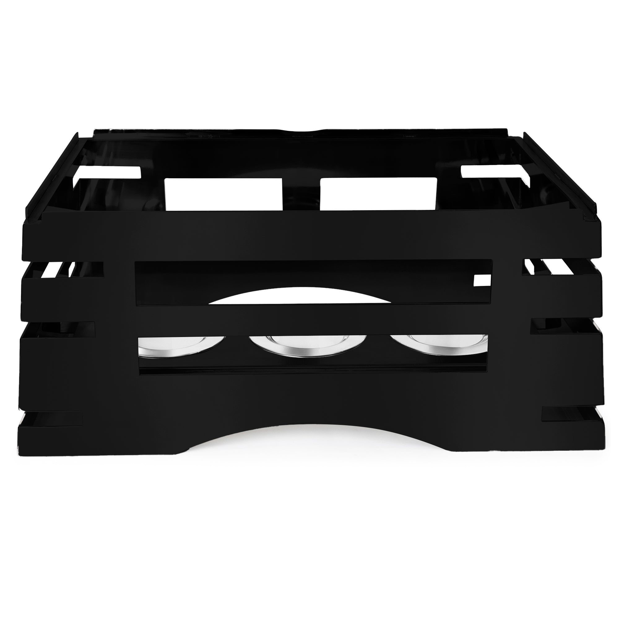 All-in-One REVO Chafer Stand, rectangle, 23-3/4”W x 16”D x 10”H, includes hook-on sterno shelf, 18/10 stainless steel, coated black finish