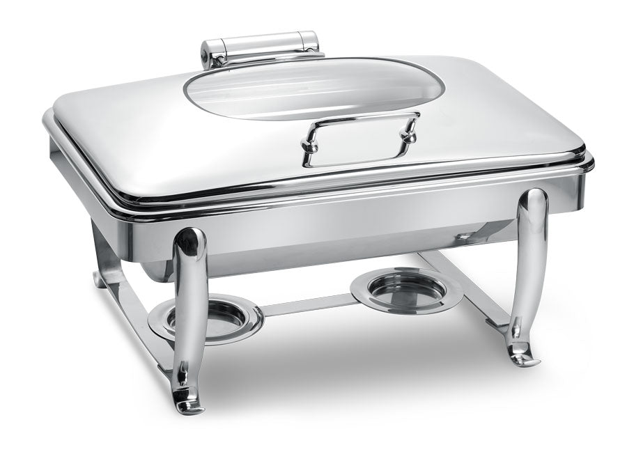 Park Avenue 8 Quart Rectangular Chafing Dish w/ Hinged Glass Lid with Stand, Stainless Steel