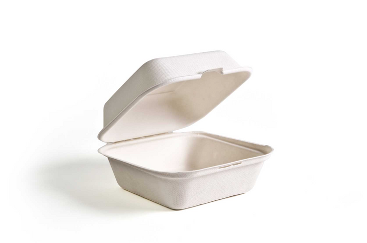 6" x 6" x 3"  White Bagassed Hinged Burger Container