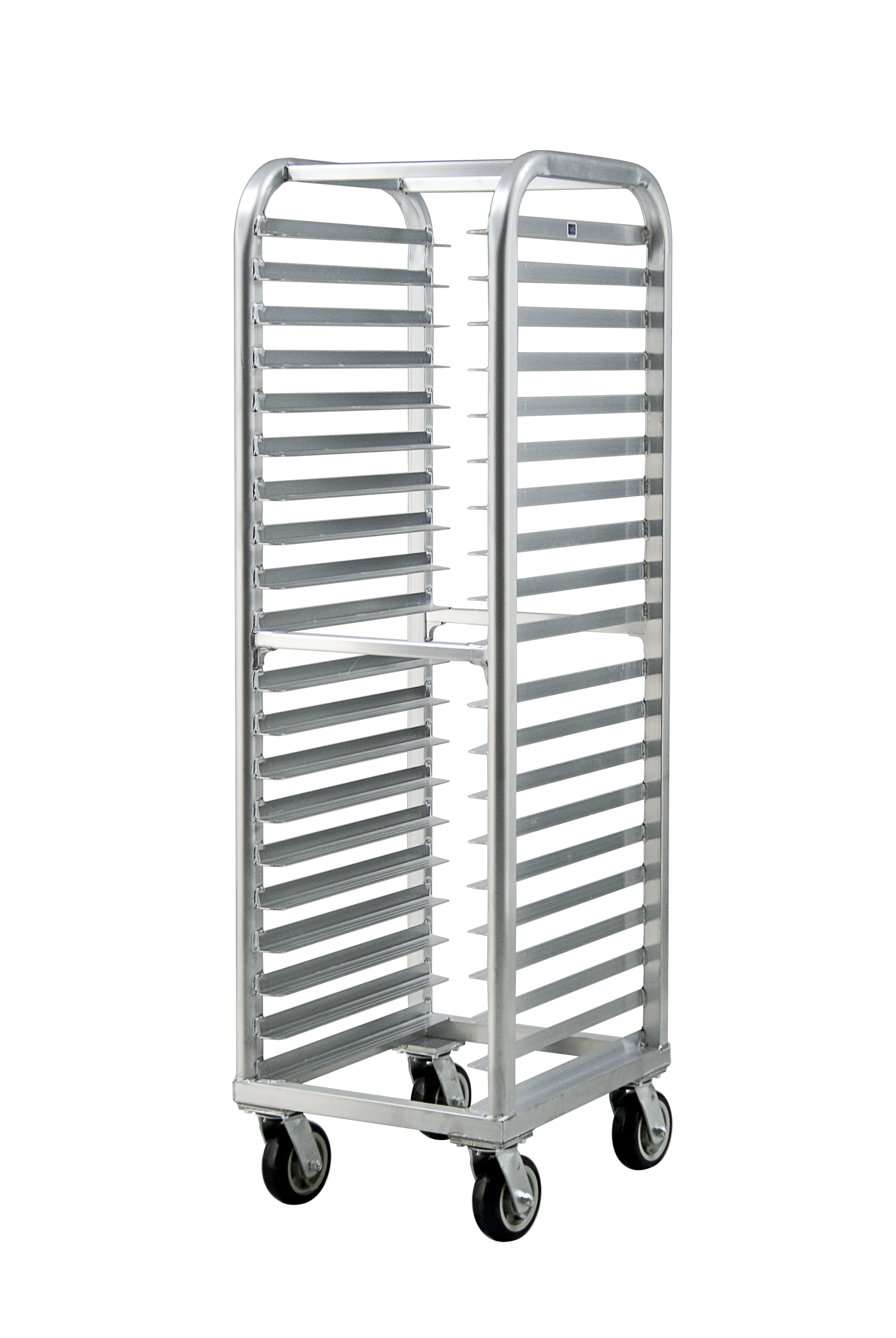 Mobile Heavy Duty Lifetime Series Welded Aluminum Full-Size End-Loading Sheet (Bun) Pan Rack - 20 Sets of Runners, 3" Spacing - 21.5"W x 73"H x 26"L