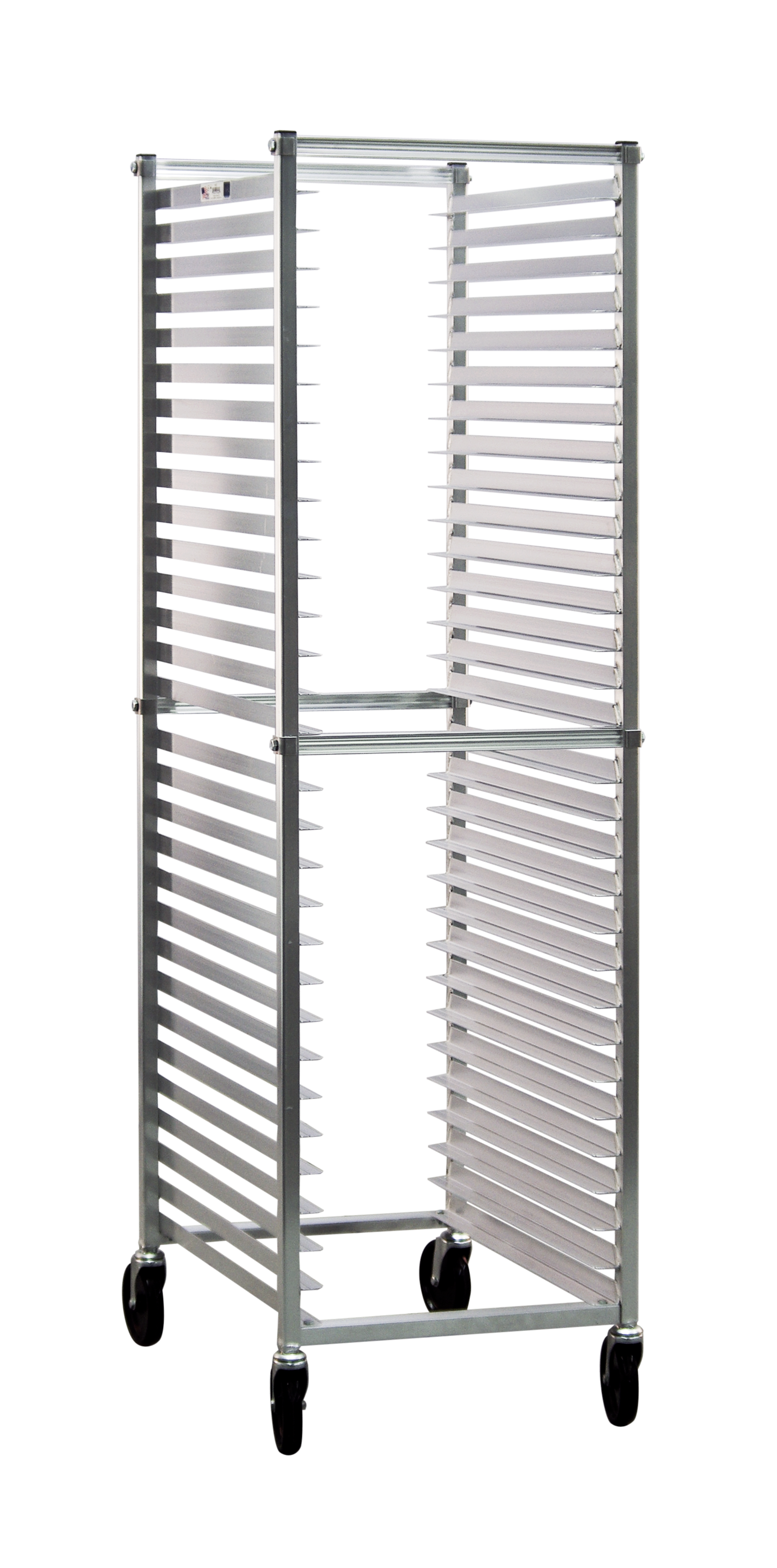 Mobile Standard Knock-Down Aluminum Full-Size End-Loading Sheet (Bun) Pan Rack - 30 Sets of Runners, 2" Spacing - 21"W x 69"H x 26"L