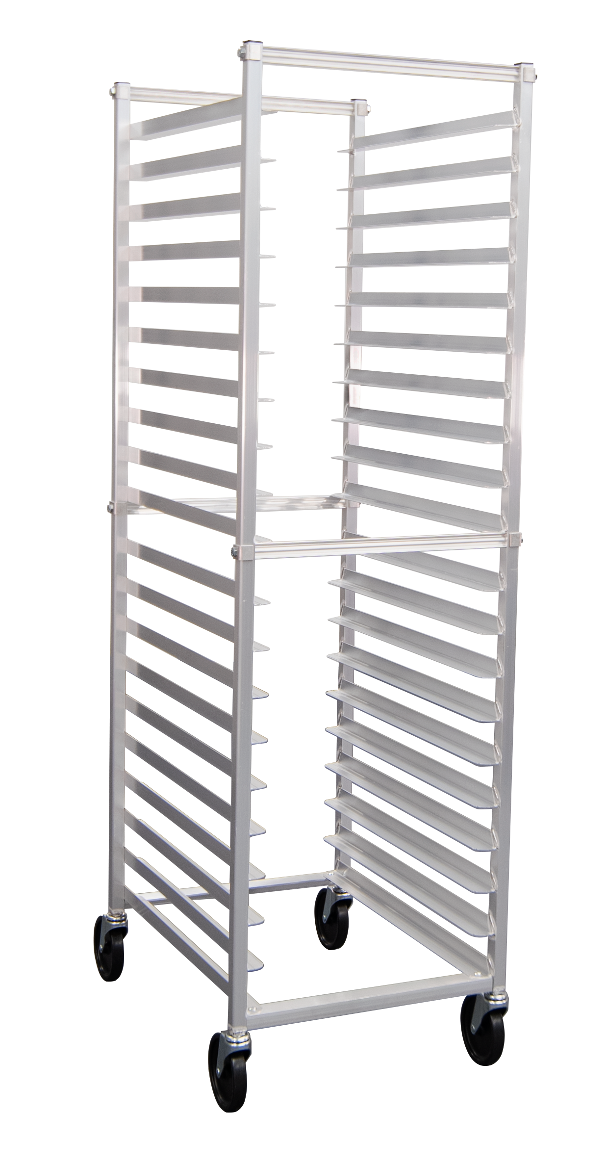 Mobile Standard Knock-Down Aluminum Full-Size End-Loading Sheet (Bun) Pan Rack - 20 Sets of Runners, 3" Spacing - 21"W x 69"H x 26"L