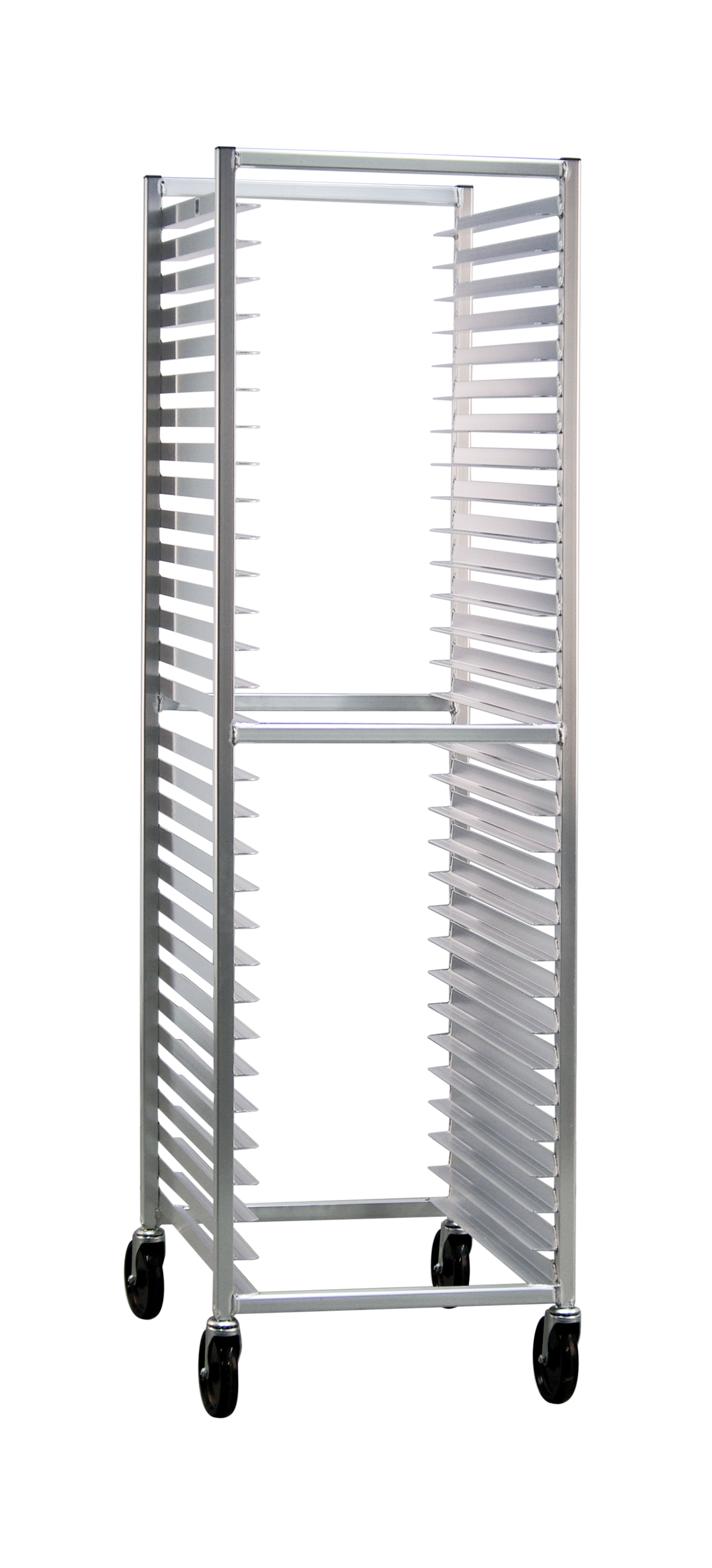 Mobile Standard Welded Aluminum Full-Size End-Loading Sheet (Bun) Pan Rack - 30 Sets of Runners, 2" Spacing - 20.5"W x 69"H x 26"L