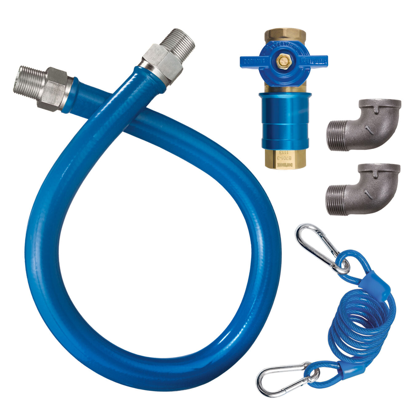 1/2"D Blue Hose™ Moveable Gas Connector Kit 48"L, Stainless Steel Braid, Safety Quik® QDV, Elbow, Restraining Cable, 68,000 BTU/hr
