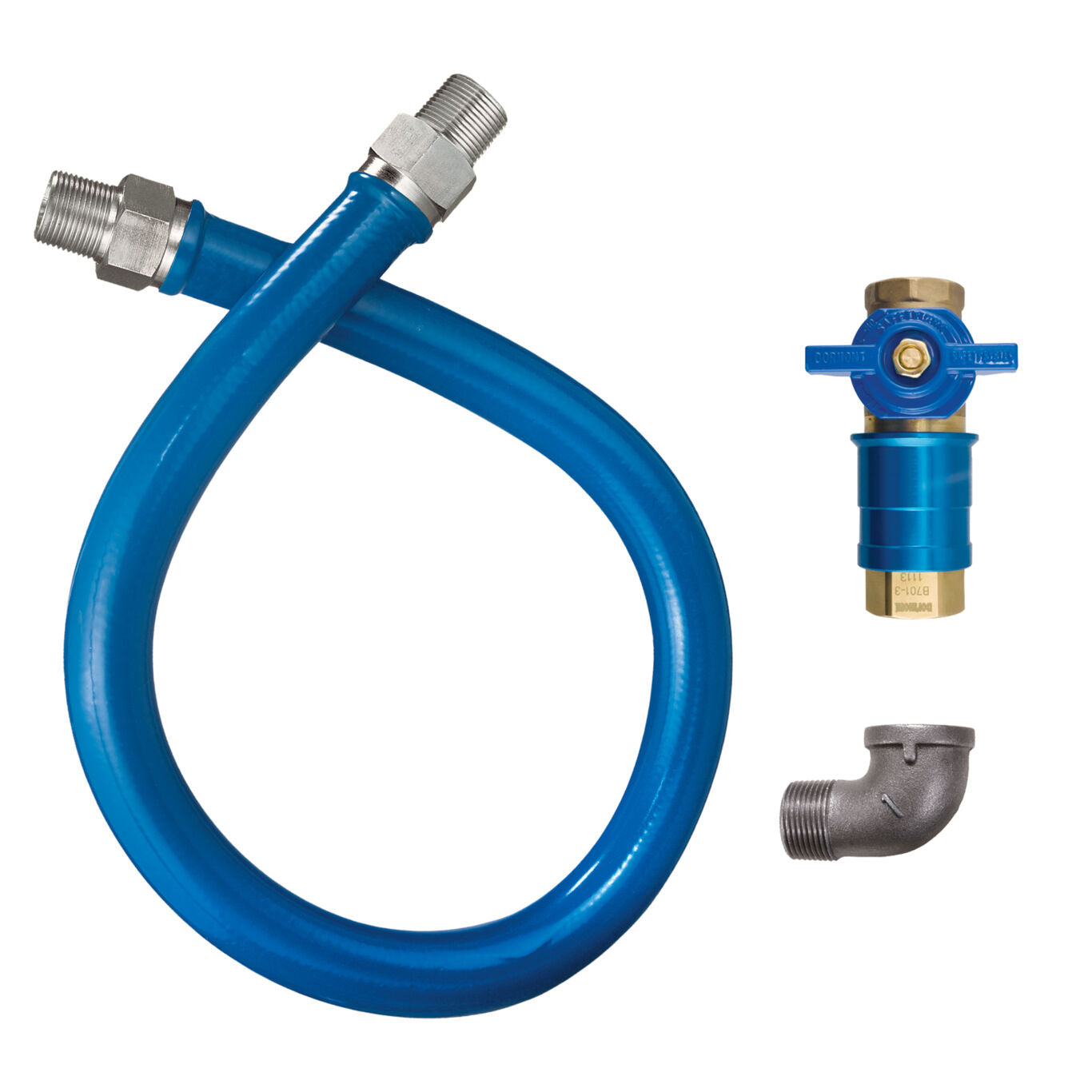 1/2"D Blue Hose™ Moveable Gas Connector Hose Assembly 36"L, Stainless Steel Braid, Safety Quik® QDV, Elbow, 77,000 BTU/hr