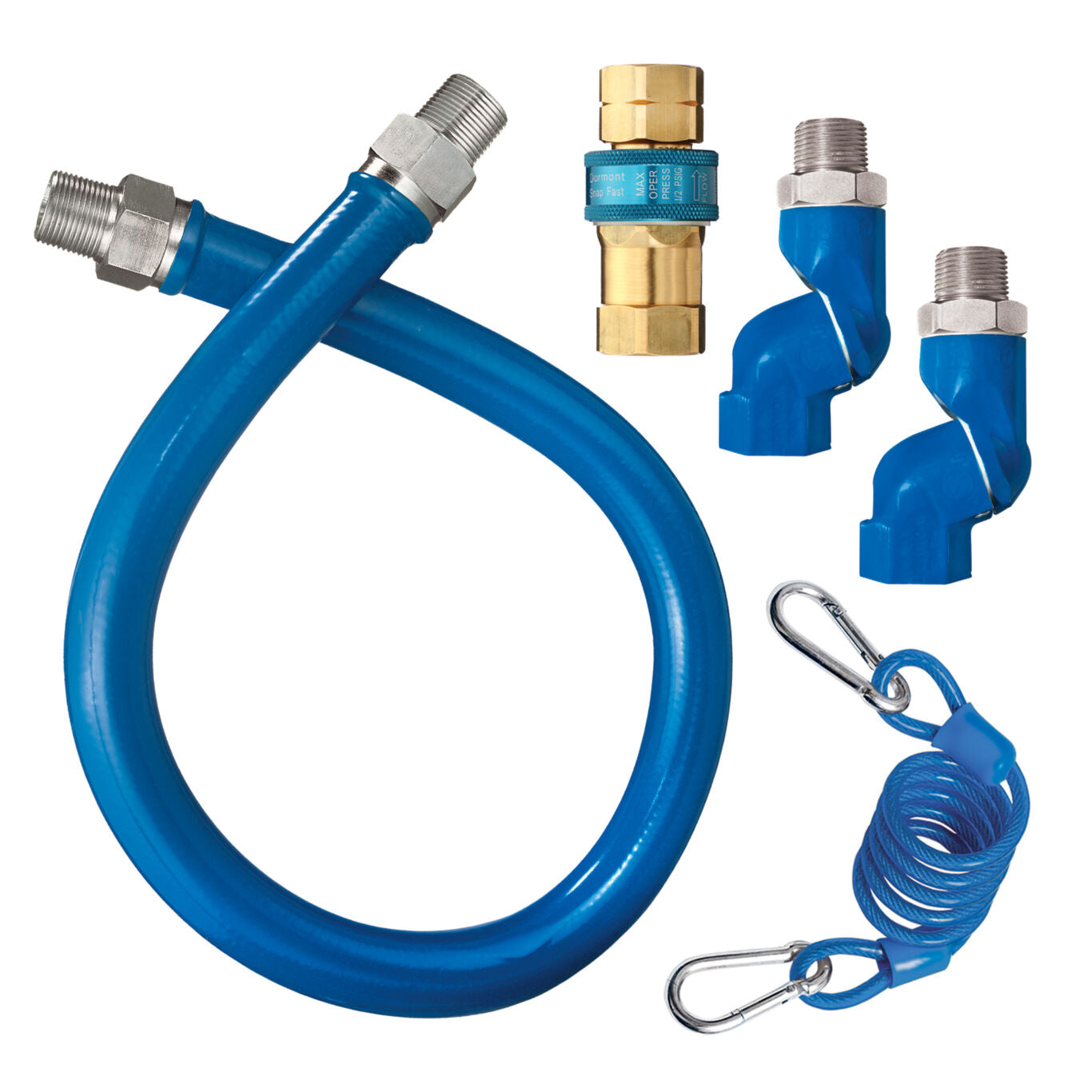 1"D Blue Hose™ Moveable Gas Connector Hose Assembly 36"L, Stainless Steel Braid, SnapFast® QD, 2 Swivel MAX®, Restraining Cable, 336,000 BTU/hr