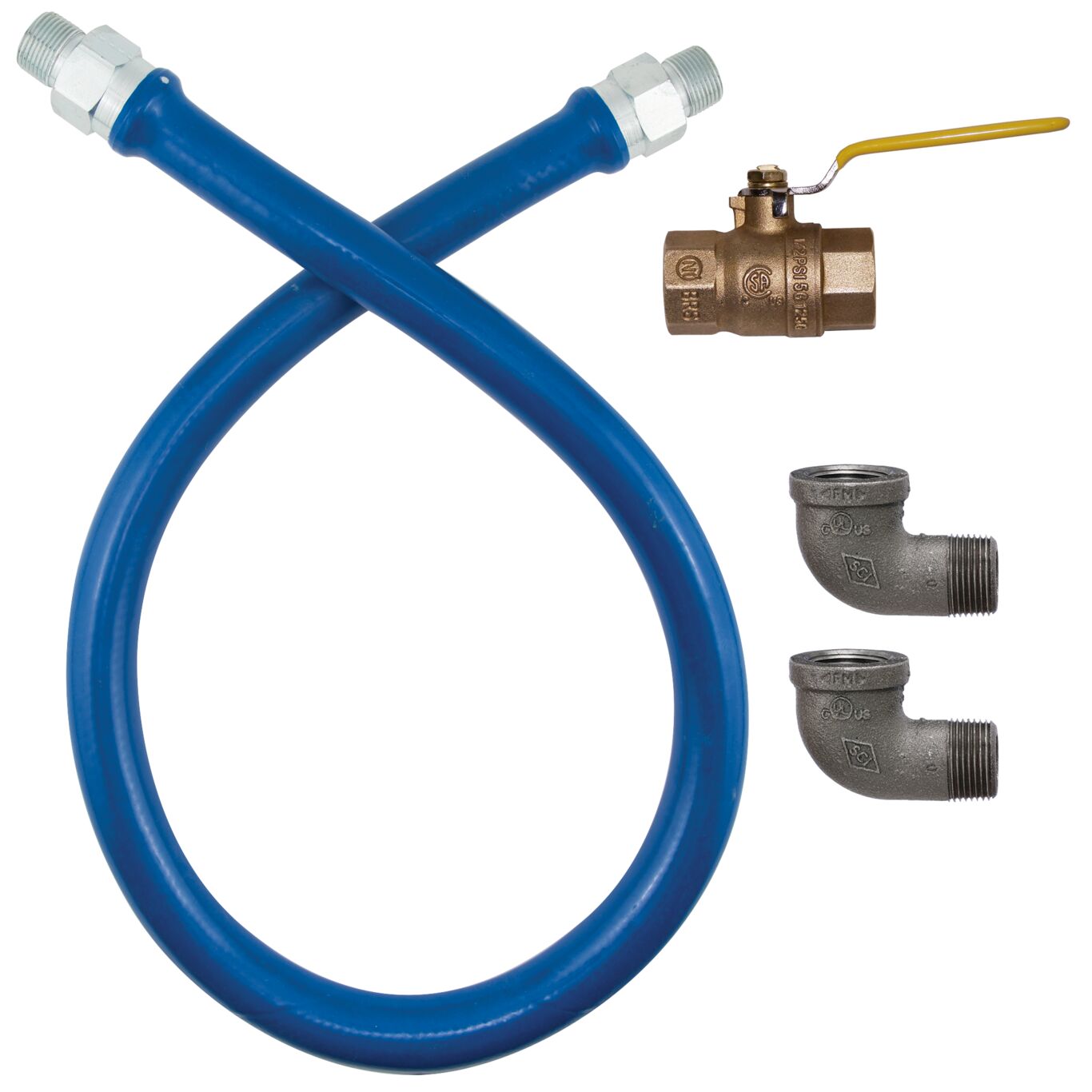 1"D Blue Food Truck Grade Gas Connector Kit 60"L, Stainless Steel Braid, Elbow, Full Port Valve, 397,000 BTU/hr