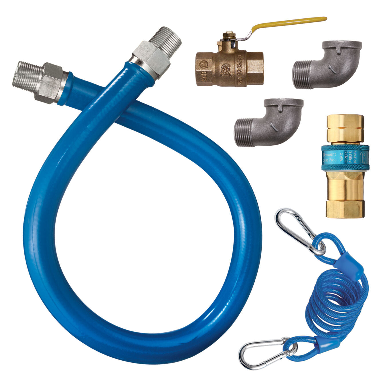 1"D Blue Hose™ Moveable Gas Connector Kit 48"L, Stainless Steel Braid, SnapFast® QD, Elbow, Restraining Cable, Full Port Valve, 334,000 BTU/hr