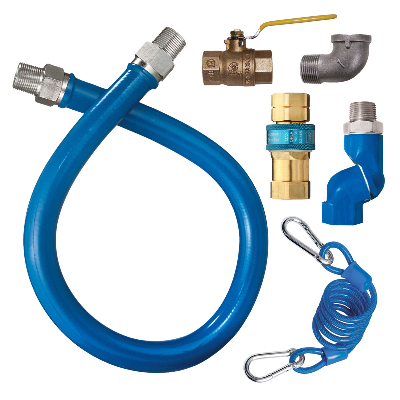 1/2"D Blue Hose™ Moveable Gas Connector Kit 48"L, Stainless Steel Braid, SnapFast® QD, Swivel MAX®, Elbow, Restraining Cable, Full Port Valve, 63,000 BTU/hr