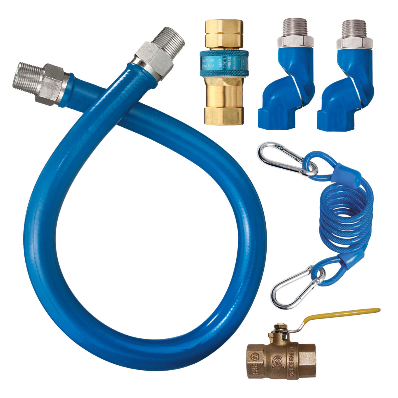3/4"D Blue Hose™ Moveable Gas Connector Kit 72"L, Stainless Steel Braid, SnapFast® QD, 2 Swivel MAX®, Restraining Cable, Full Port Valve, 124,000 BTU/hr