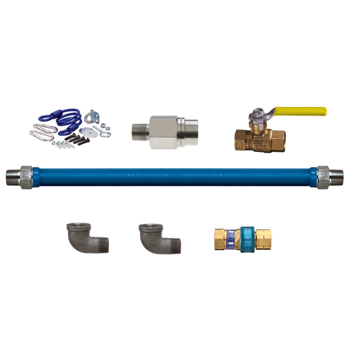 3/4"D Blue Hose™ Moveable Gas Connector Kit 36"L, Stainless Steel Braid, SnapFast® QD, Elbow, Restraining Cable, Excess Flow Valve, Full Port Valve, 218,000 BTU/hr