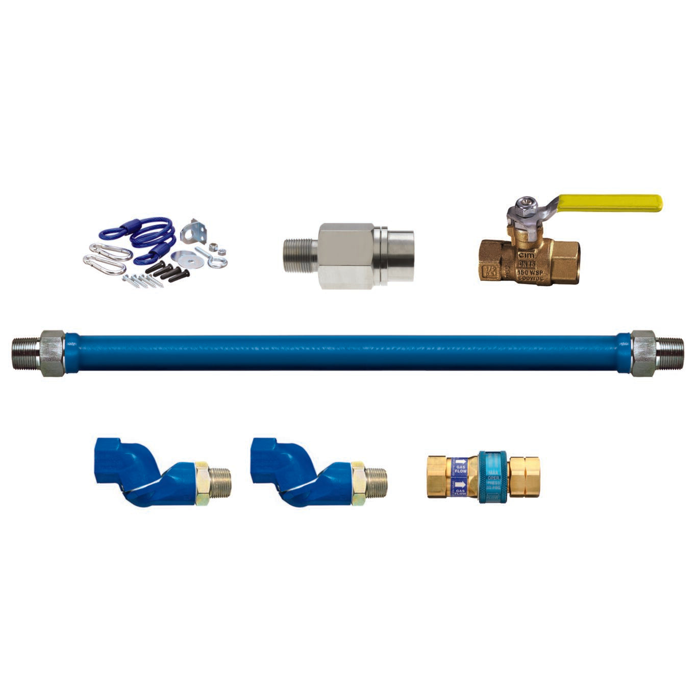 3/4"D Blue Hose™ Moveable Gas Connector Kit 48"L, Stainless Steel Braid, SnapFast® Push-to-Connect QD, 2 Swivel MAX®, Restraining Cable, Excess Flow Valve, Full Port Valve, 160,000 BTU/hr, SKU 1675KIT2S48EFV