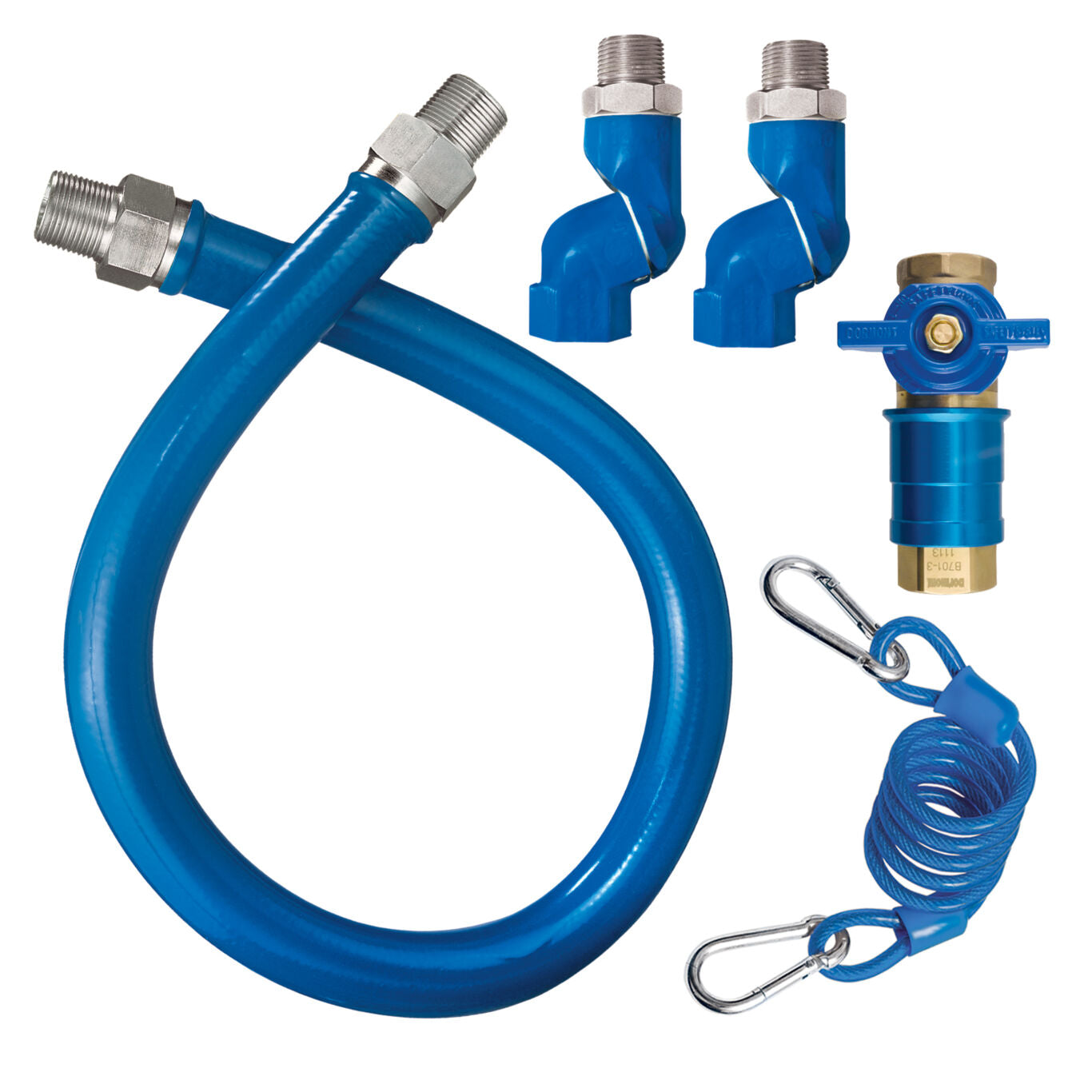 1/2"D Blue Hose™ Moveable Gas Connector Kit 24"L, Stainless Steel Braid, Safety Quik® QDV, 2 Swivel MAX®, Restraining Cable, 77,000 BTU/hr