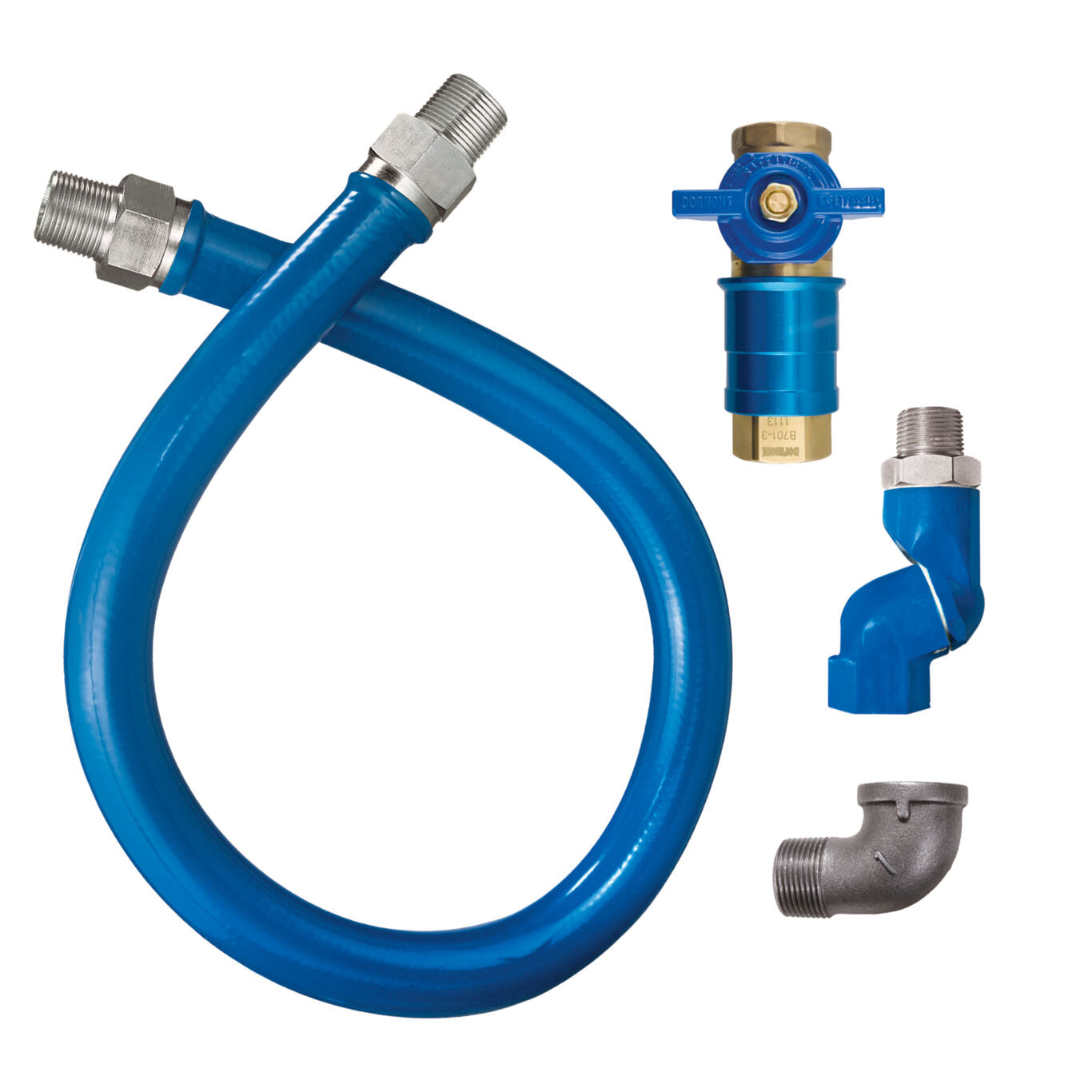 1"D Blue Hose™ Moveable Gas Connector Hose Assembly 48"L, Stainless Steel Braid, Retail Box, Safety Quik® QDV, Street Elbow
