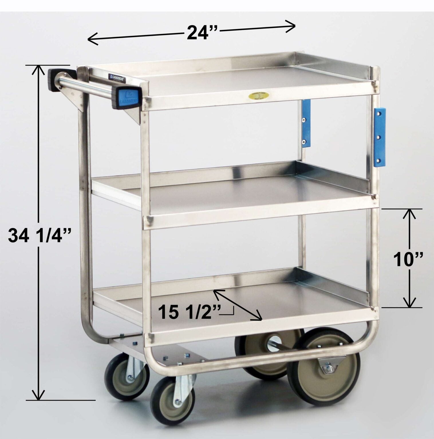 Utility Cart, 3 Shelf: 15-1/2" x 24", Heavy-Duty 700-Lb. Capacity