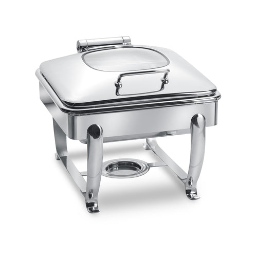 Park Avenue 6 Quart Square Chafing Dish w/ Hinged Glass Lid with Stand, Brushed Stainless Steel