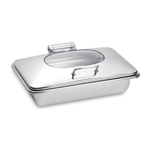 Park Avenue 8 Quart Rectangular Chafing Dish w/ Hinged Glass Lid, Brushed Stainless Steel
