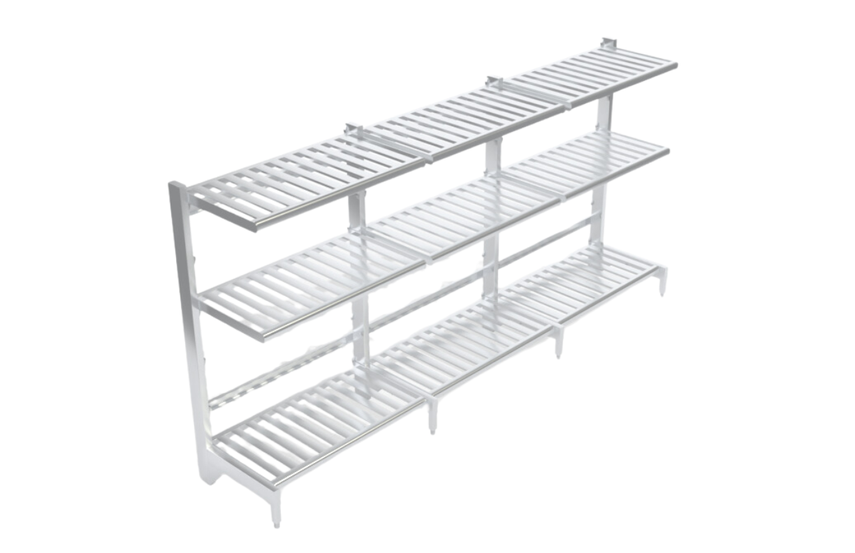 3-Tier Freestanding Heavy Duty Aluminum Quick Change (Lift-And-Lock) Cantilever Shelving Unit With (9) T-Bar (Slatted) Shelves - Shelving Kit/Complete Shelving Unit - 27"W x 72.25"H x 146.75"L